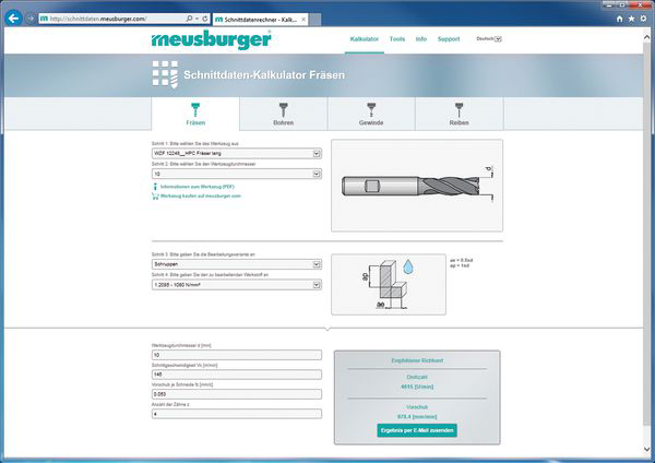 Calculadora de parâmetros de corte da Meusburger